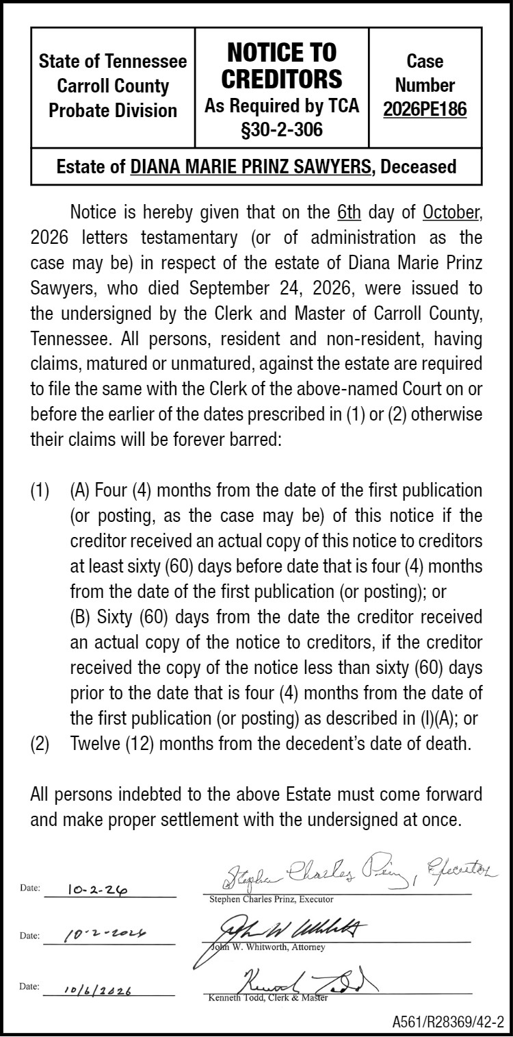 Notice to Creditors - SAWYERS