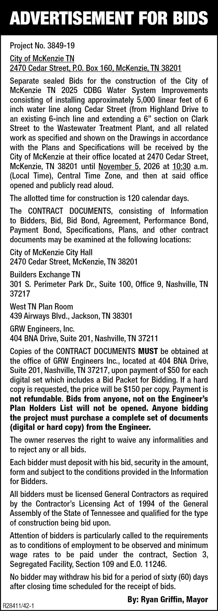 Advertisement for Bids - McKenzie CDBG Water System