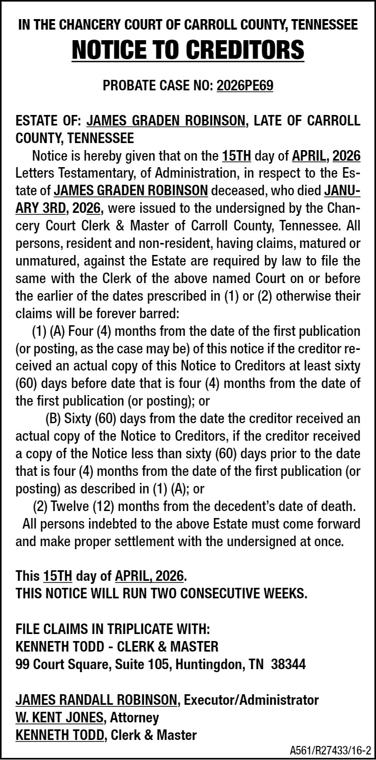 Notice to Creditors - ROBINSON