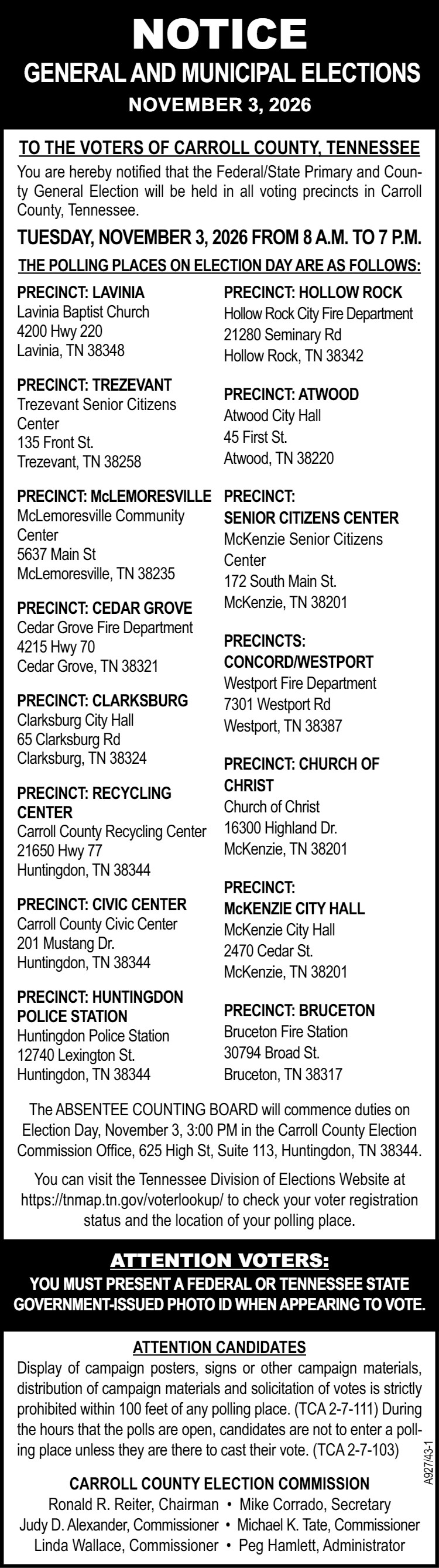 Notice - Carroll County Election Polling Places